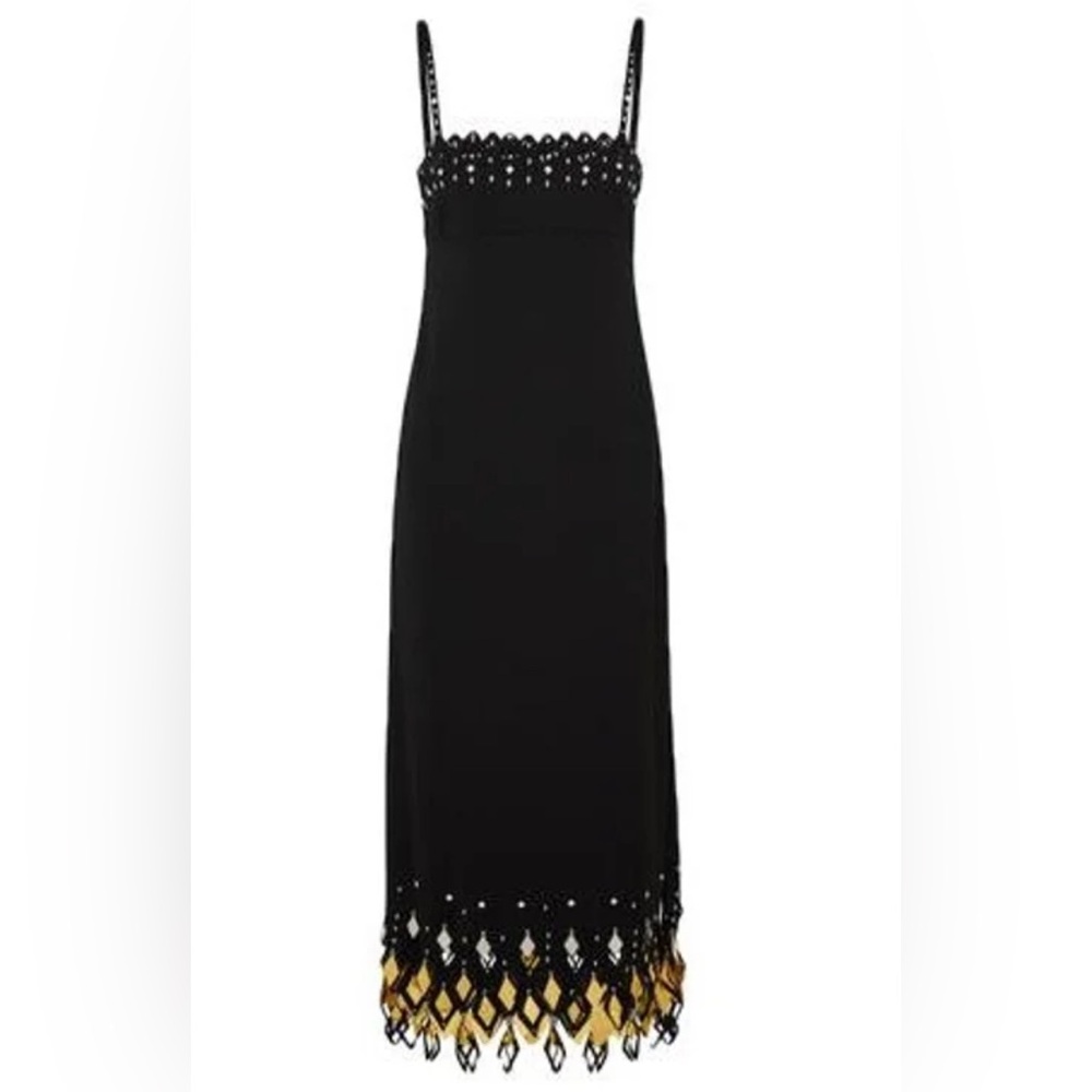 Rabanne black column dress w/ cutouts, gold and silver studs and paillettes 2023